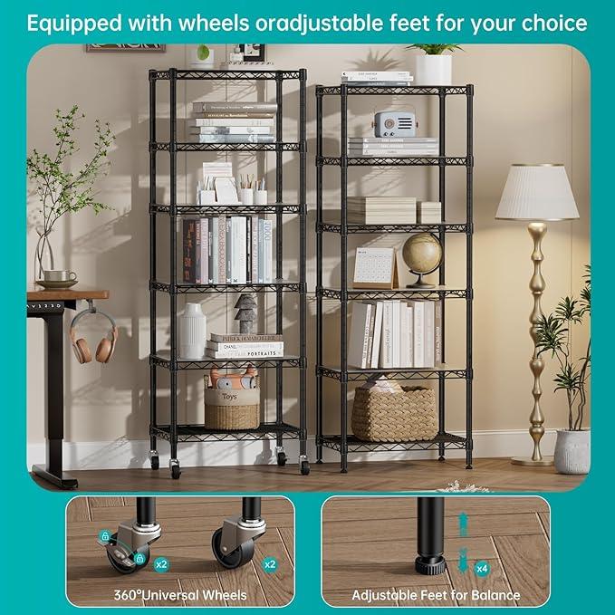 SINGAYE 6 Shelf Storage Wire Shelves Closet Bathroom Organizers Metal Pantry Kitchen Small Garage Shelving Unit Laundry Room Organization Home Narrow Rack Net Basket with Wheels Black - ModernBath