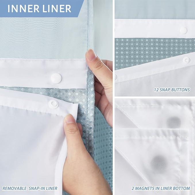 Furlinic Heavy Duty 180GSM Shower Curtain 71x78 Inch,Magnetic Weighted Hem and Waterproof Fabric,No Hook Needed Design with Hotel-Grade Waffle Weave,Fog Blue Machine Washable,Mesh Top Window. - ModernBath