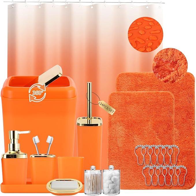 XLHOMO Bathroom Set - Orange Bathroom Sets with Shower Curtain and Rugs, 24PCS Shower Curtain Set with Hooks, Soap Dispenser, Soap Dish, Toilet Brush Holder and Trash Can for Housewarming - ModernBath
