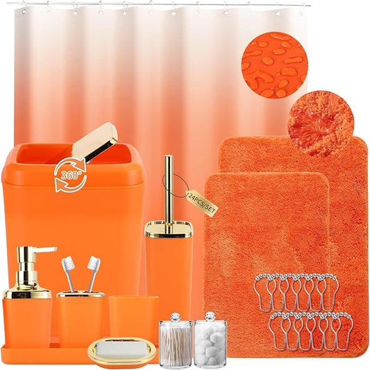 XLHOMO Bathroom Set - Orange Bathroom Sets with Shower Curtain and Rugs, 24PCS Shower Curtain Set with Hooks, Soap Dispenser, Soap Dish, Toilet Brush Holder and Trash Can for Housewarming - ModernBath