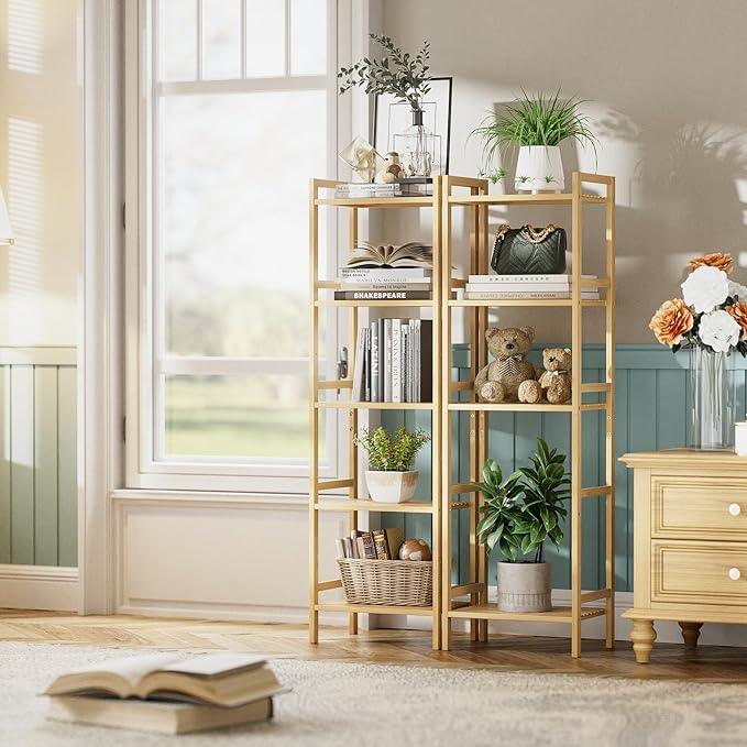 HITNET Tall Narrow Bookshelf, 5 Tier Bathroom Shelf Bamboo, Floor Standing Display Storage Organizer for Small Space, Adjustable Shelves, Natural Wood Bookcase - ModernBath