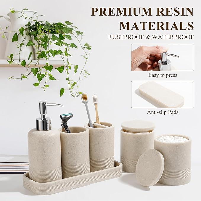 Bathroom Accessories Set, 6-Piece Bathroom Accessory Set, Toothbrush Holders Set, Soap Dispenser, Vanity Tray, Tumbler, Cotton Swab Jars, Bathroom Organizer for Modern Bathrooms(Beige) - ModernBath