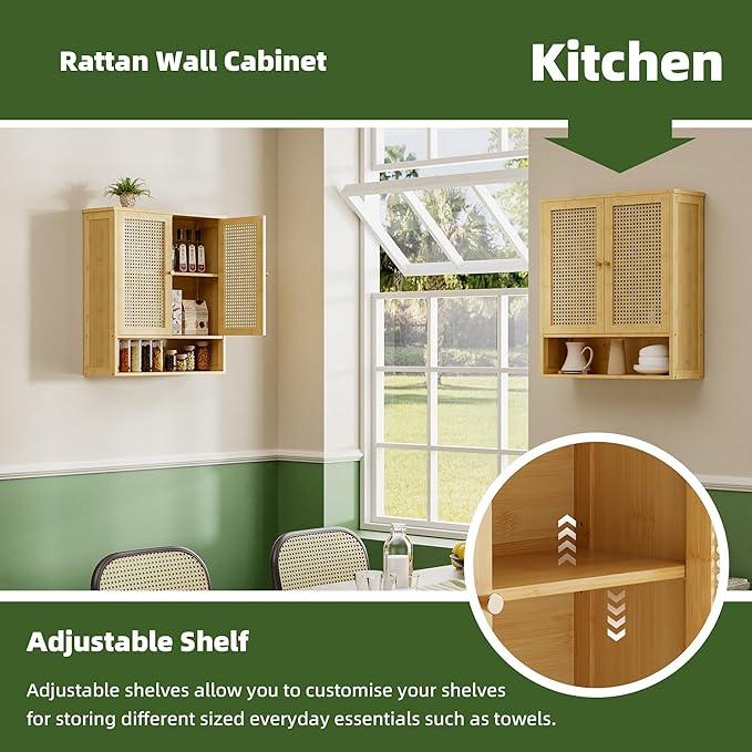 Bathroom Wall Cabinet, Bamboo Over-The-Toilet Storage Organizer with 2 Rattan Doors and Adjustable Shelf, Space Saver Medicine Cabinet for Laundry, Kitchen, Living Room (Natural) - ModernBath