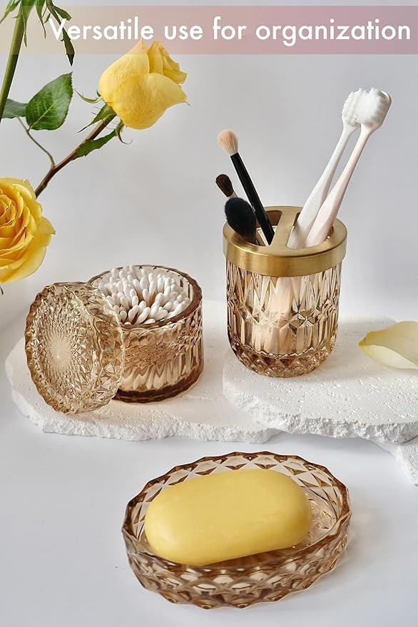 LaMarriti Brown Bathroom Accessories Set, 5Pcs Clear Glass Bathroom Accessories, Lotion Soap Dispenser, Toothbrush Holder Set, Soap Dish, Qtip Holder, Tumbler for Vintage Bathroom Decor, Gift Set - ModernBath