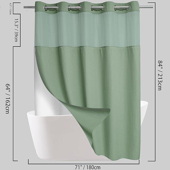 Conbo Mio Extra Long No Hook Sage Green Waffle Weave Shower Curtain with Snap in Liner Set, Hotel Luxury Shower Curtains for Bathroom with See Through Top Window, Waterproof, Washable 71W x 84H - ModernBath