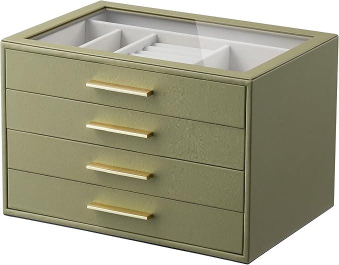 Jewelry Box Organizer Case for Women: 4-Layer Jewelry Storage Case with Glass Window, Olive Green Leather with Cream Velvet, Holder for Ring Necklace Bracelet Brooch Watch, Great Gift for Her - ModernBath