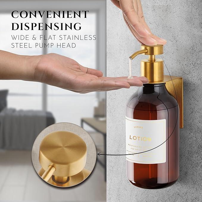 Shampoo & Conditioner Dispenser - Shower Soap Dispenser Wall Mounted - Set of 3 16.9 Oz Plastic Bottles with Pump & Holder - Shampoo Dispenser - Shower Dispenser Chamber No Drill (3 X Amber/Gold) - ModernBath