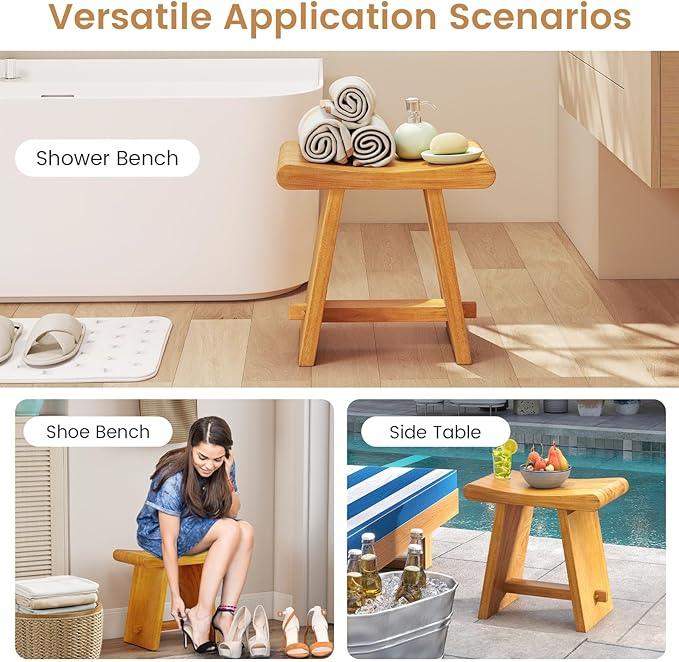 Giantex Teak Shower Bench Stool for Bathroom, Fully Assembled Wooden Bath Seat with Curved Seat, Waterproof Spa Shaving Bench Foot Rest for Indoor Outdoor Use, 19.5''L x 12''W x 18''H - ModernBath
