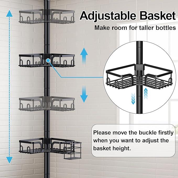 Corner Shower Caddy Tension Pole,39-113 inch Adjustable Rustproof Floor Standing Shower Organizer Shelf with 4 Basket for Bathtub,Inside Shower Shampoo Storage,Black - ModernBath