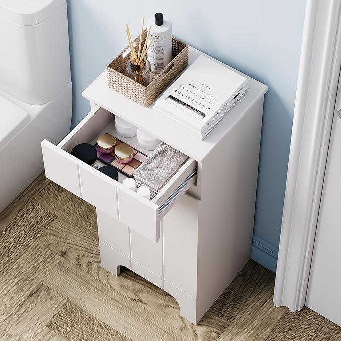 Small Bathroom Cabinet with Adjustable Shelves, Drawer, Anti-Tip Design, 14.96" L x 11.81" W x 32.09" H, Durable MDF for Bathroom, Kitchen, Laundry, Soft-Close Door - ModernBath