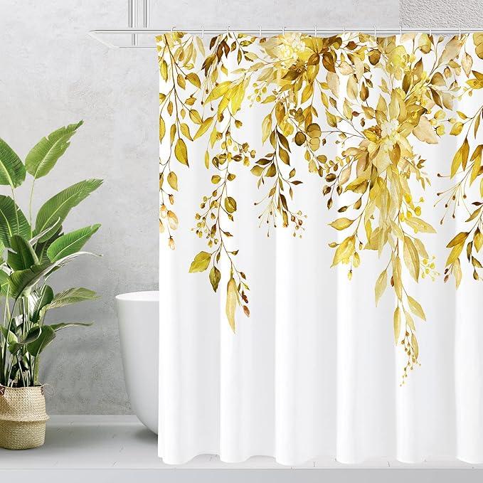 Gibelle Extra Long Shower Curtain 72 x 84, Yellow Floral Shower Curtain for Bathroom, Watercolor Plant Eucalyptus Leaves Fabric Shower Curtain Set - ModernBath