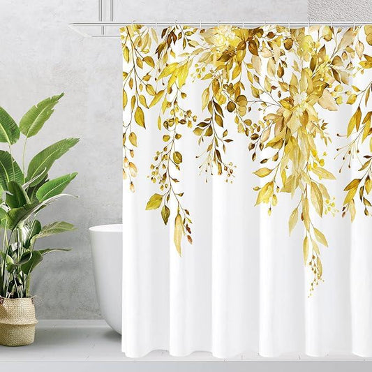 Gibelle Long Shower Curtain 72 x 78, Yellow Floral Shower Curtain for Bathroom, Watercolor Plant Eucalyptus Leaves Fabric Shower Curtain Set - ModernBath