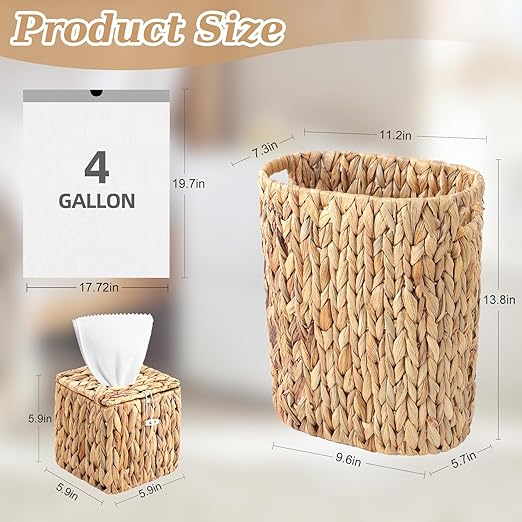 BSSN Wicker Trash Can with 150 Count 5 Gallon Trash Bag, Square Tissue Box Holder, Handwoven Waterproof Waste Basket 15L with Handles, Wicker Home Set for Bedroom, Bathroom, Kitchen (White Trash Bag)