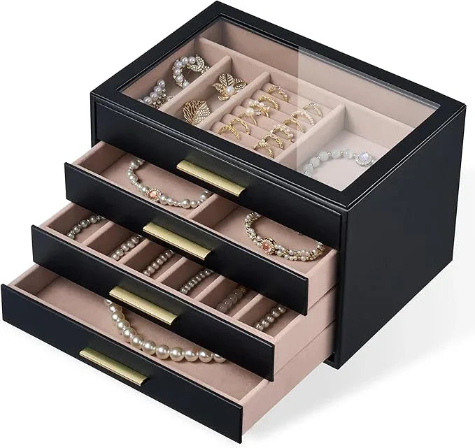 pickpiff Jewelry Box Organizer Case for Women: 4-Layer Jewelry Storage Case with Glass Window, Black Leather with Blush Velvet, Holder for Ring Necklace Bracelet Brooch Watch, Great Gift for Her - ModernBath