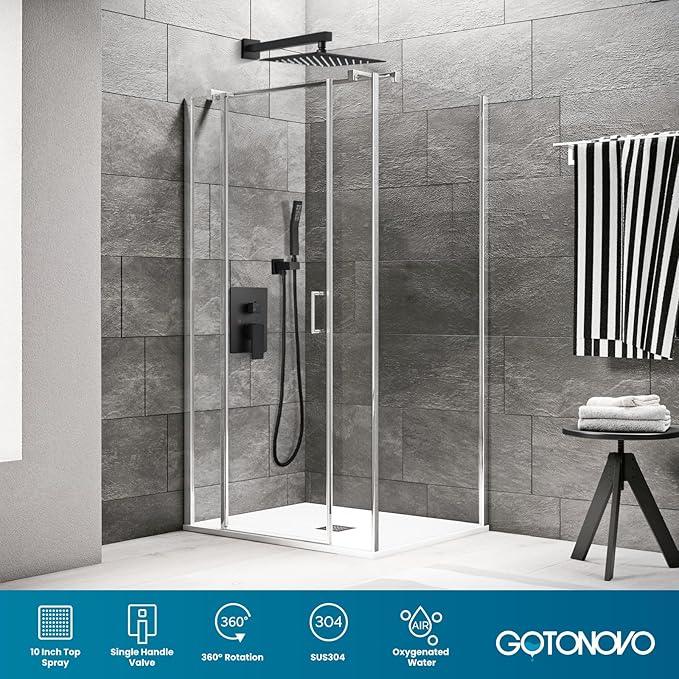 gotonovo Rainfall Bathroom Shower System Rain Shower Head and Handle Set Wall Mounted Shower Complete Combo Solid Brass Pressure Balancing Shower Mixer Valve 10 Inch Matte Black - ModernBath