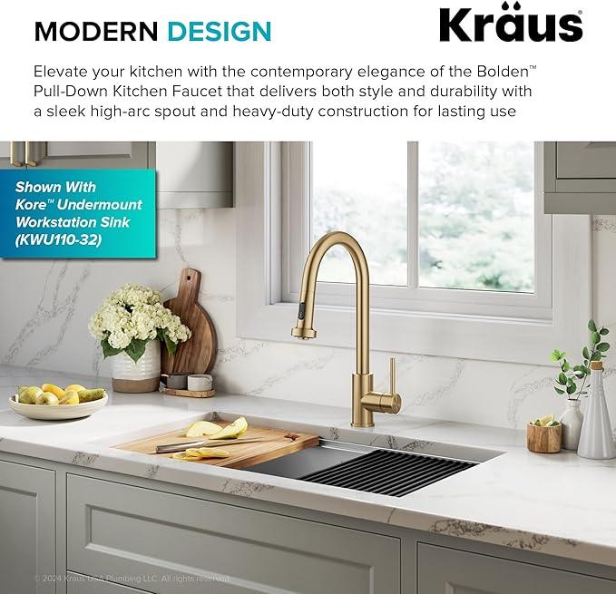 KRAUS Bolden 2-Function Single Handle Pull Down Kitchen Faucet in Spot-Free Brushed Brass, KPF-1616BB - ModernBath
