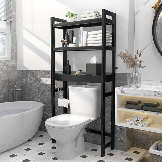 Homykic Bamboo Over The Toilet Storage Shelf, 3-Tier Above Toilet Storage Organizer Rack with 3 Hooks, Freestanding Bathroom Tower Shelf Unit for Small Space, No Rust, Easy to Assemble, Black - ModernBath