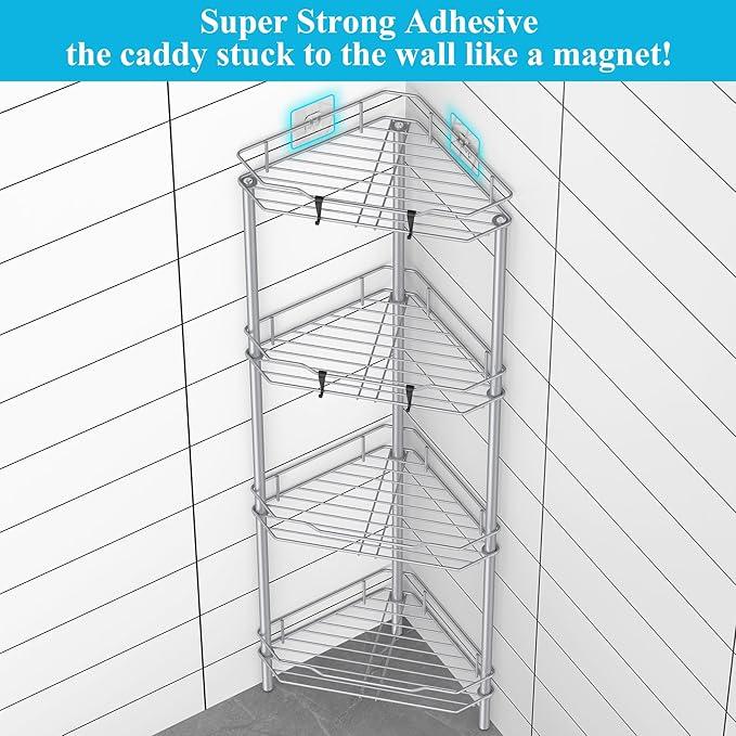 4 Tier Floor Standing Corner Shower Caddy Organizer Shelf with Hooks, Bathroom Shelves Stand Rack, Silver - ModernBath