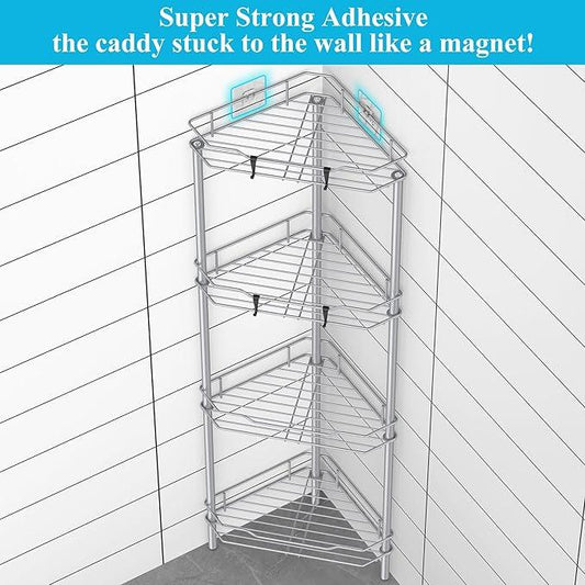 4 Tier Floor Standing Corner Shower Caddy Organizer Shelf with Hooks, Bathroom Shelves Stand Rack, Silver - ModernBath