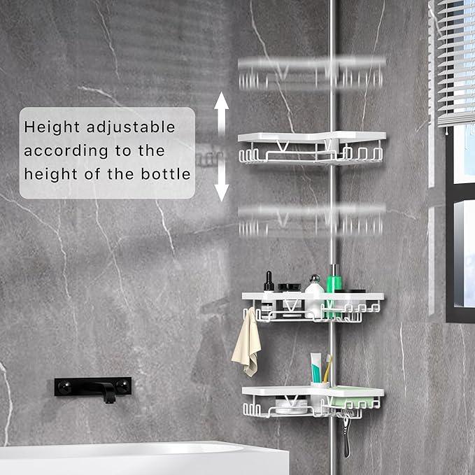 KEGII Corner Shower Caddy Tension Pole - Shower Tension Rod Organizer, Floor to Ceiling Shower Caddy 25-114.2 inch, Bathroom Rack Corner Waterproof, Pure White - ModernBath
