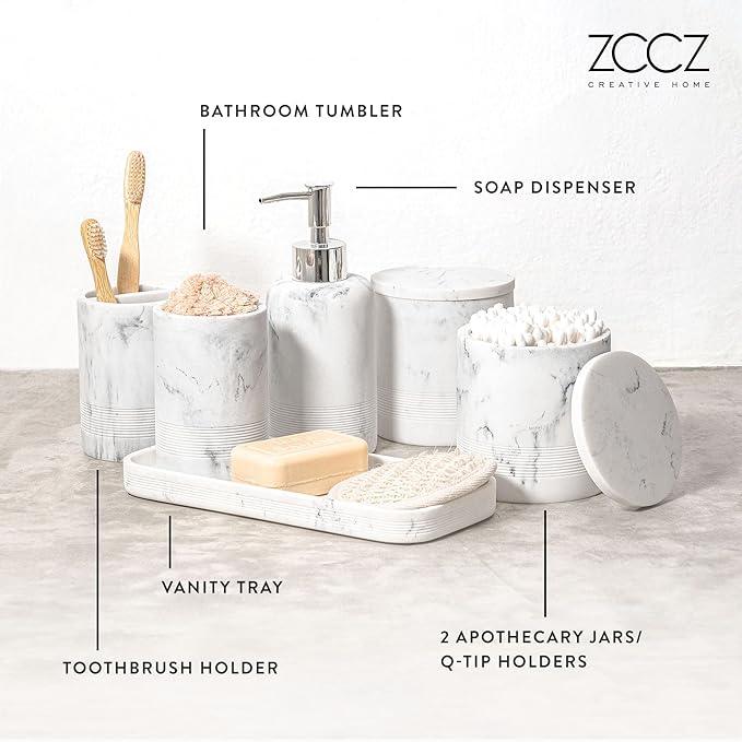 ZCCZ White Marble Bathroom Accessories Set 6 Pieces - Toothbrush Holder, Lotion Dispenser, Qtip Container, Vanity Tray, Tumbler - Countertop Organizer for Bathrooms - Elegant and Functional Décor Set - ModernBath