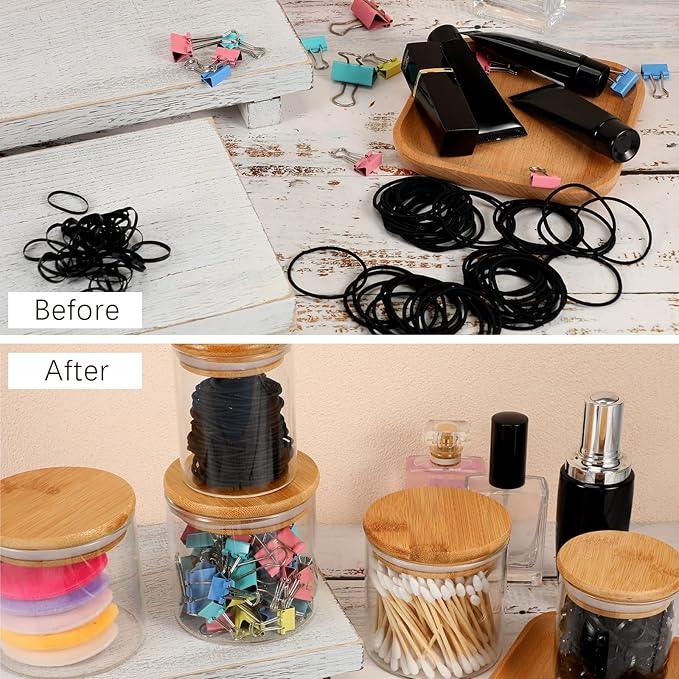 Dandat 6 Pack Glass Apothecary Jars with Lids Bamboo Bathroom Jars Cotton Ball Pad Round Swab Holder Dispenser Vanity Canisters for Countertop Storage Hair Ties Floss Organizer, 8.5 oz and 10.8 oz - ModernBath