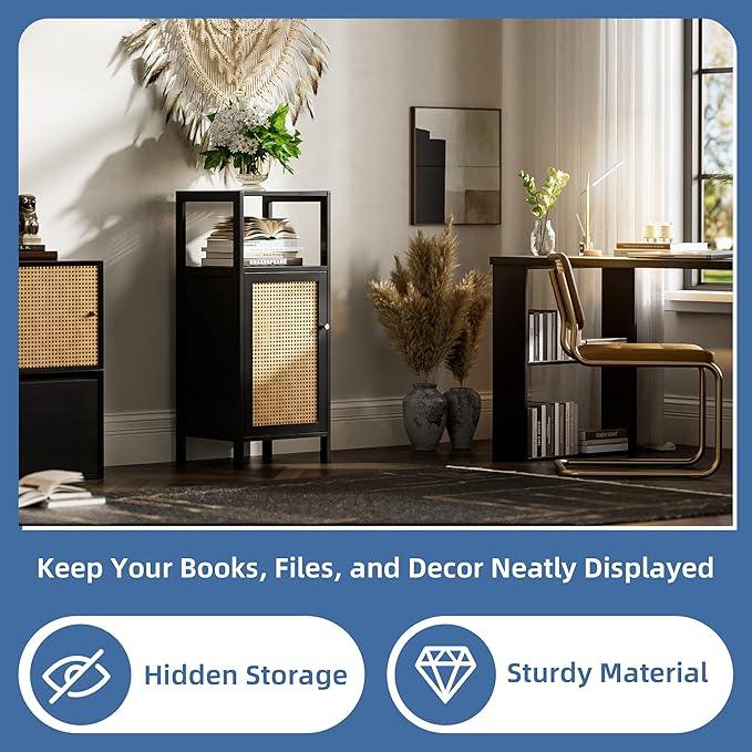 HITNET Bamboo Floor Cabinet, Small Bathroom Storage Cabinet with Single Rattan Door, Narrow Side Storage Organizer Unit Freestanding Space Saving Kitchen Cupboard, Black - ModernBath