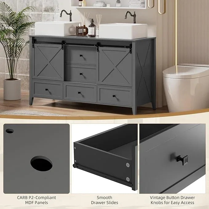 VNN Bathroom Vanity with Sink - 60 Inch Bathroom Vanity Double Sink Ceramic, Freestanding Cabinet with 2 Farmhouse Sliding Barn Doors and 5 Drawers, Space-Saving Storage Cabinet, Grey - ModernBath