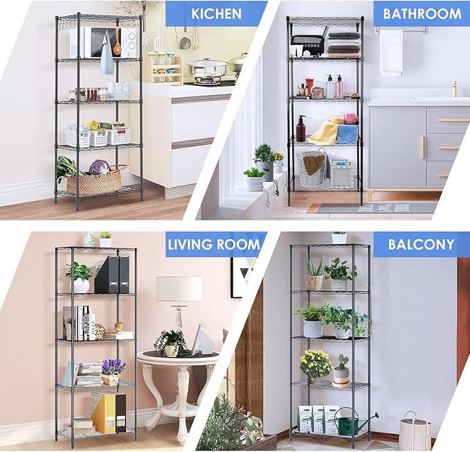 BNSPLY 5 Tier Wire Shelving Unit, Adjustable Wire Rack Shelving, Changeable Metal Wire Storage Shelves for Kitchen, Laundry, Bathroom, Balcony, Pantry (11.4" D x 21.3" W x 59" H, Black) - ModernBath