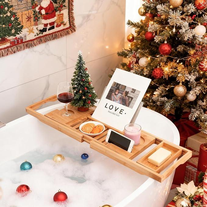 Utoplike Bamboo Bathtub Caddy Tray Bath Tray for Tub, Adjustable Bathroom Bathtub Organizer with Book Tablet Wine Glass Cup Towel Holder - ModernBath