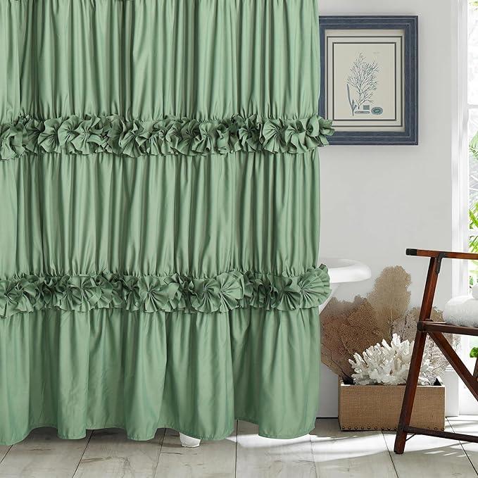 Homechoice Decor Light Green Ruffle Shower Curtain, Vintage Handcrafted Bow Tie Bath Curtain for Master Bathroom, Ruched Microfiber Bathroom Curtain with 12 Buttonholes, 72" W x 72" H (LQ-10) - ModernBath