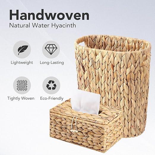 Wicker Trash Can & Tissue Box Cover Rectangular, Handwoven Waterproof Waste Basket with Handles, Rattan Wicker Home Set for Bedroom, Bathroom, Kitchen, Office, Balcony (Rectangular Tissue Box) - ModernBath
