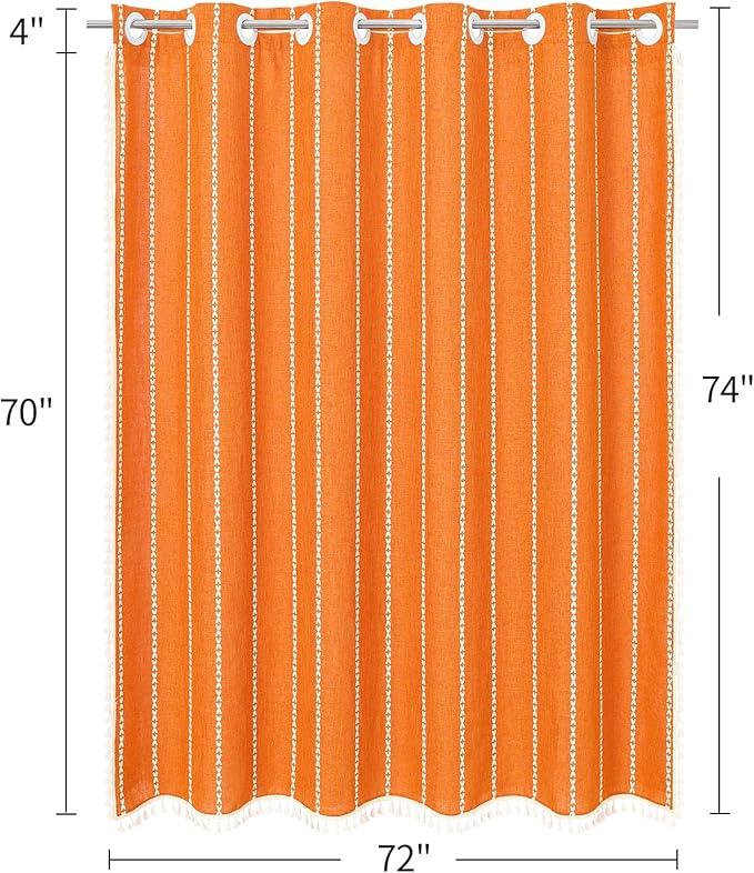 MitoVilla No Hooks Required Orange Boho Shower Curtain with Snap-in Liner, Farmhouse Cotton Linen Fabric Shower Curtains with Tassels for Rustic Neutral Bathroom Decor, Burnt Orange, 72 x 74 - ModernBath