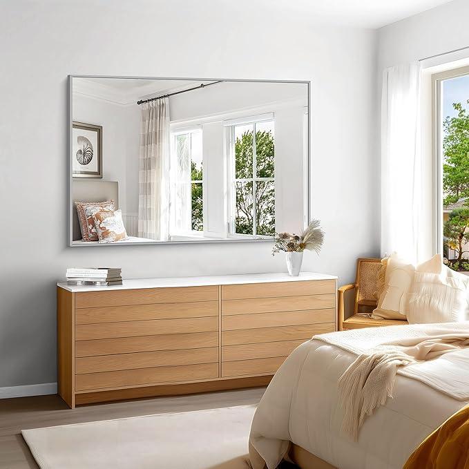 KOCUUY Silver Bathroom Mirror, 55"x36" Large Rectangle Bathroom Mirror for Wall, HD Tempered Glass, Anti-Rust Brushed Silver Frame, Modern Design for Bathroom, Bedroom, Hang Horizontal/Vertical - ModernBath
