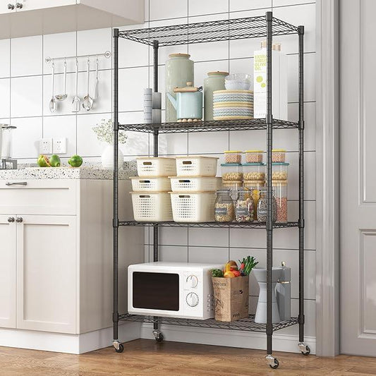 Homdox Heavy Duty 4-Tier Metal Shelving Unit with Adjustable Shelves, Rolling Storage Rack for Kitchen, Garage, Pantry, 36.02"x17.91"x74.41", Black - ModernBath