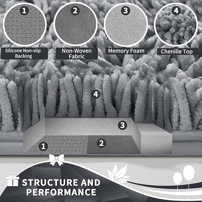 Yimobra Toilet Rugs U Shaped Washable, Extra Thick Soft Absorbent Chenille Contour Bathroom Rugs for Toilet 24x20 Inch, Quick Dry Non Slip Toilet Mat for Bath Floor, Silver - ModernBath