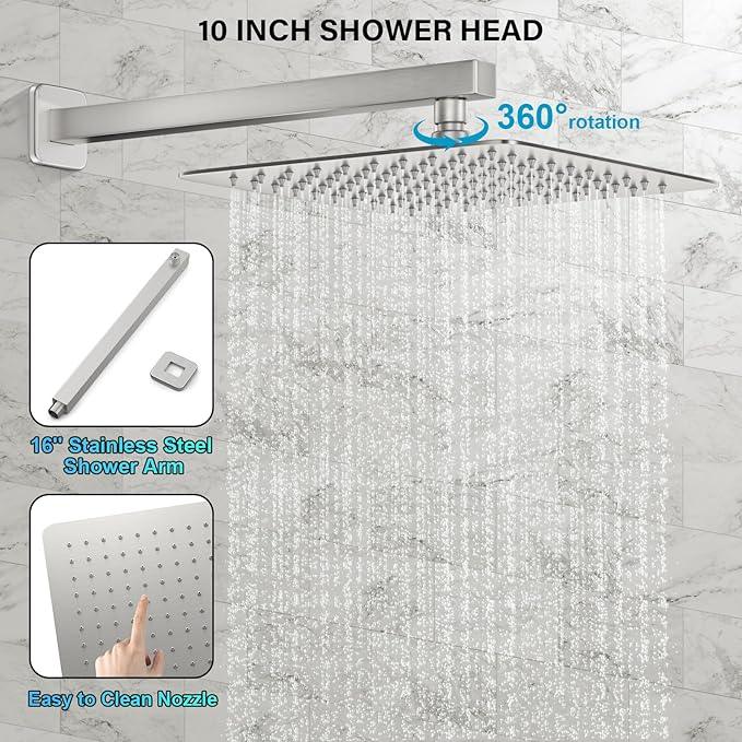 FPXRNG Shower Faucet Set Bathroom Square Rain Shower Head and Handle Set, Wall Mounted Shower Fixtures, Full Metal Trim Repair Kit 10 inch Brushed Nickel (With Shower Valve) - ModernBath