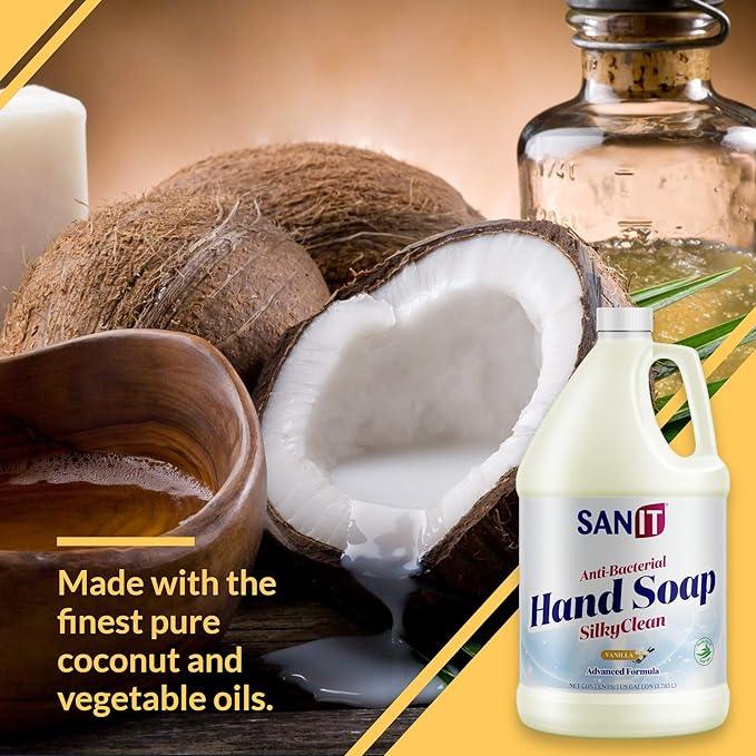 Sanit Silky Clean Antibacterial Liquid Gel Hand Soap Refill - Advanced Formula with Coconut Oil and Aloe Vera - All-Natural Moisturizing Hand Wash - Made in USA, Vanilla, 1 Gallon - ModernBath