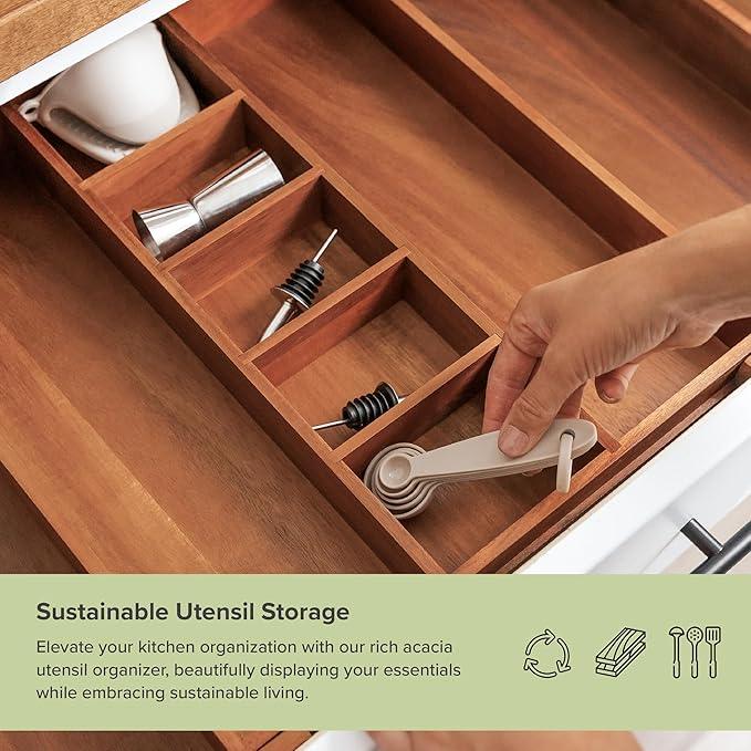 KitchenEdge Adjustable Kitchen Drawer Organizer for Utensils and Junk, Food-Safe Contract Grade with 100% Sustainable Wood, Non-Slip, Expandable from 16" to 28" Wide - Natural Acacia - ModernBath