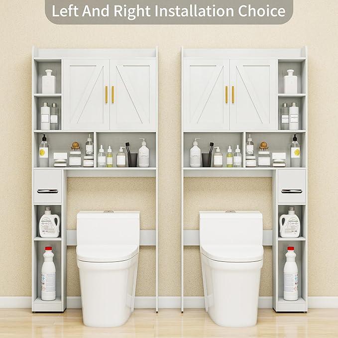 Farmhouse Over The Toilet Storage Cabinet with 2 Doors & 7 Shelves - Rustic Bathroom Cabinet Organizer Storage for Bathroom, Laundry - ModernBath