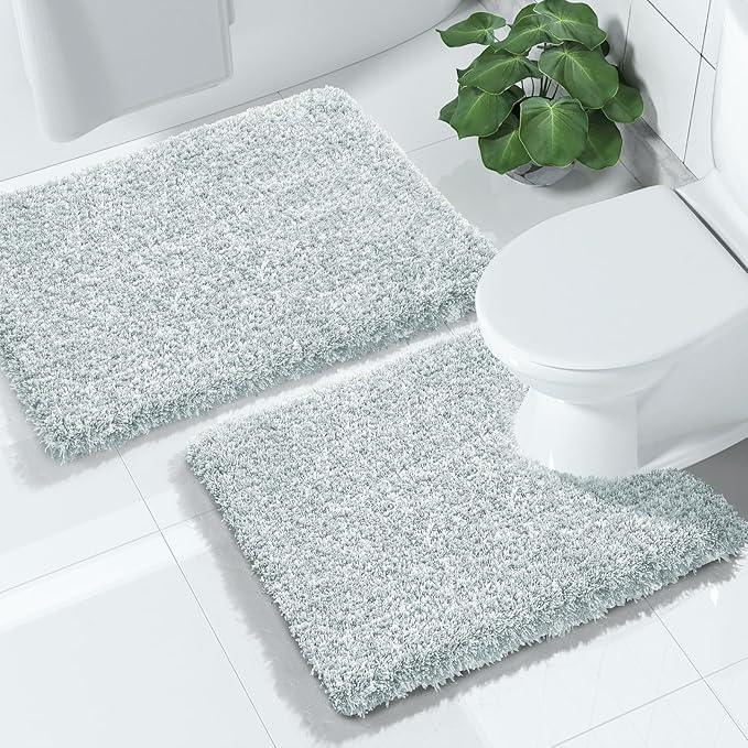 Yimobra Bathroom Rugs Sets 2 Piece, Soft Absorbent Bath Mat and U-Shaped Toilet Rug with Non Slip Backing, Machine Washable, Plush Bath Mats for Bathroom, 24"x17"+24"x20", Sky Light Blue & White - ModernBath