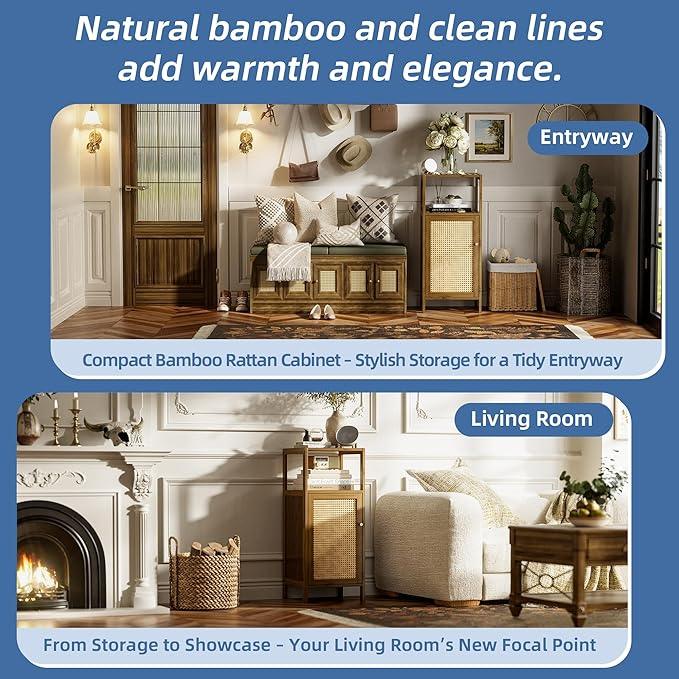 HITNET Rattan Bathroom Floor Cabinet, Bamboo Storage Cupboard with Single Door, Freestanding Small Living Room Sideboard, Space Saving Entryway Storage Unit, Walnut - ModernBath