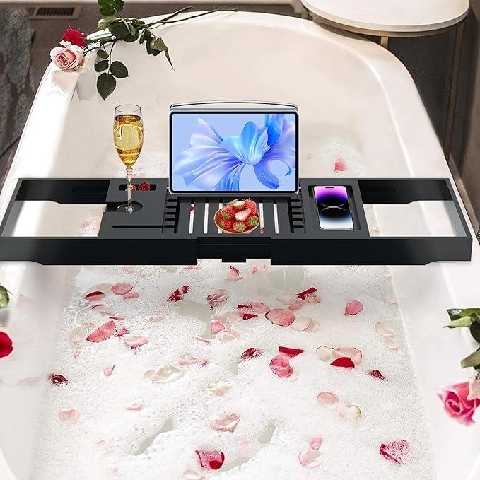 Luxury Bathtub Caddy Tray for Tub - Foldable Bamboo Bath Table Tray with Book and Wine Glass Holder, Expandable Bathroom Accessories for Spa or Reading Lite Style,Black - ModernBath