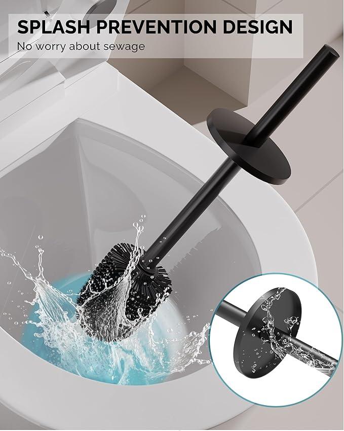 WZKALY Toilet Brush and Holder Set, Stainless Steel Toilet Bowl Brush with Lid, Rust Proof Toilet Cleaner Brush with Caddy, Durable Bristles, Splash Proof, Ideal for Bathroom（1 Pack, Matte Black） - ModernBath