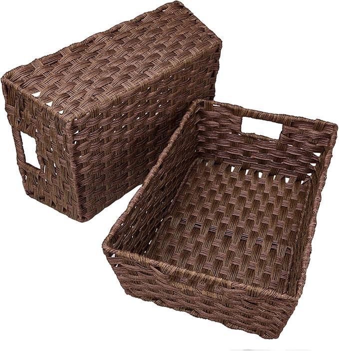 Onlytak Large Wicker Storage Basket, Metal Frame, Set of 2, Washable Waterproof, 15" x 10.3" x 5.2", Brown Color, Woven Basket for Pantry, Toilet, Bathroom, Bedroom, Patio - ModernBath
