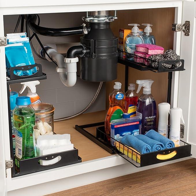 ClearSpace Under Sink Organizer, Pull Out Cabinet Organizer, 2 Pack - 2 Tier Slide Out Organizers and Storage Shelf - Metal Sliding Drawer for Kitchen Bathroom Pantry Cabinet Organization Rack, Black - ModernBath