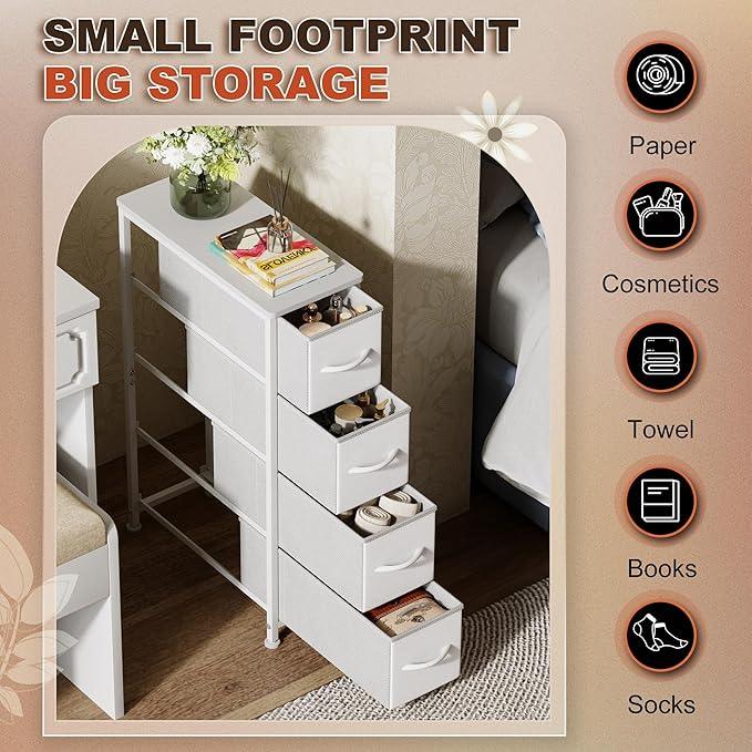Narrow Dresser Storage Tower with 4 Drawers, Slim Dresser Chest of Drawers with Steel Frame, Wood Top, Dresser for Bedroom, Bathroom, Small Spaces, Laundry, Closet (White) - ModernBath