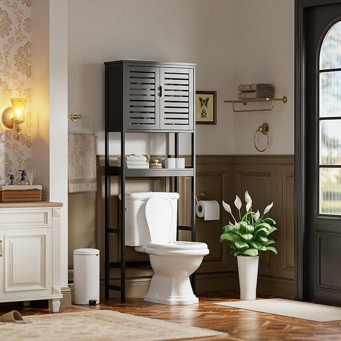 SMIBUY Bathroom Over The Toilet Storage Cabinet, 2 Door Bamboo Cabinet Organizer, Freestanding Space Saver Toilet Rack with Adjustable Inside Shelf and Open Shelf (Black) - ModernBath