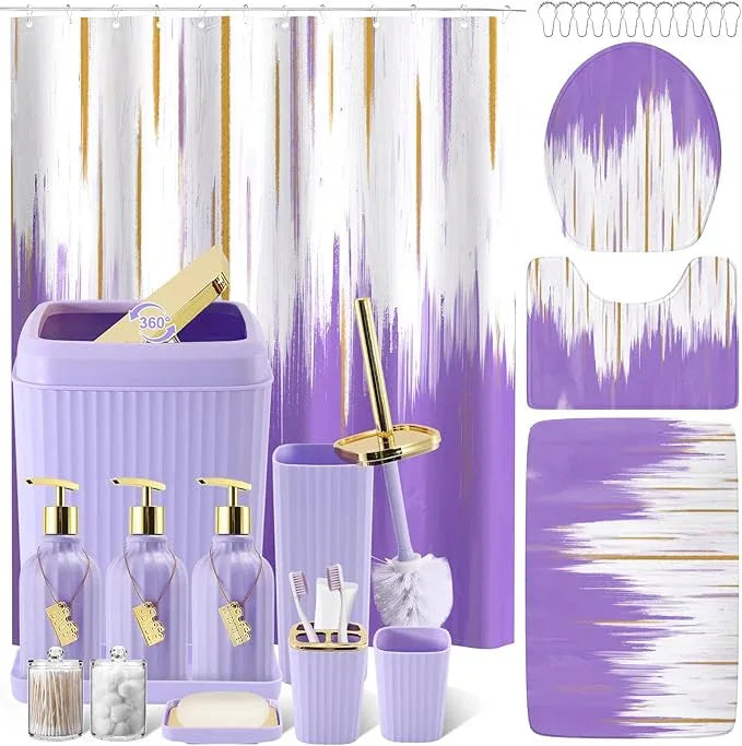 WSBArt 32PCS Bathroom Sets with Shower Curtain and Rugs-Purple Bathroom Accessories,Non Slip Bathroom Rugs Set with Toilet Lid Cover, Waterproof Shower Curtain, 3PC Soap Dispenser with Trash Can - ModernBath
