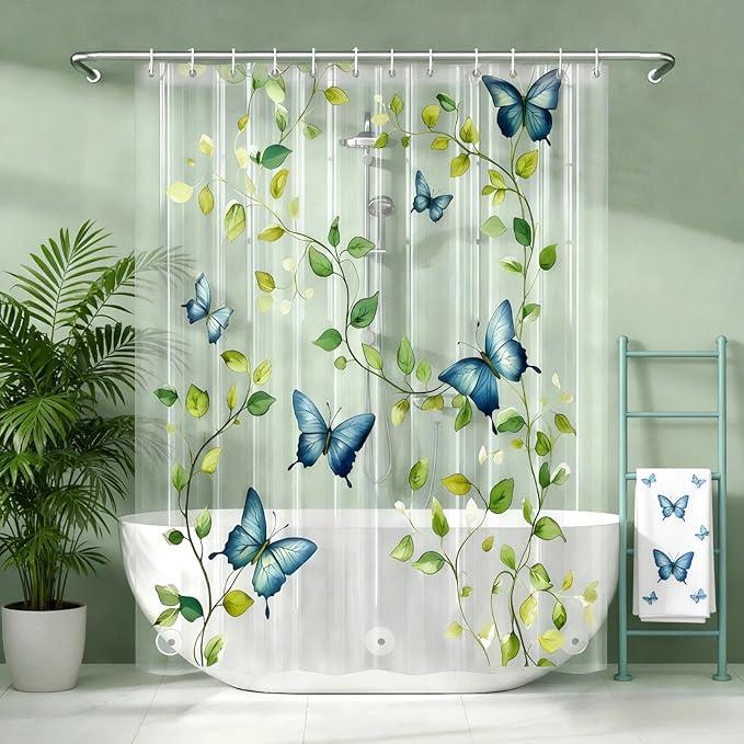 CAPQL Clear Green Vine Blue Butterfly Shower Curtain Liner, Plastic Transparent Green Plant Shower Curtains for Bathroom, 72x72 Weighted Magnetic Shower Curtain Set with 12 Hooks - ModernBath